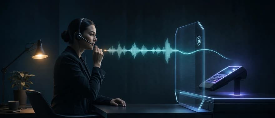 A voice operator passing a phone order through an isolated payment boundary to a protected card terminal.