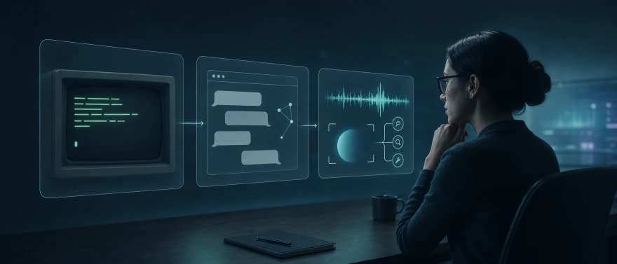 A timeline of conversational interfaces from a text terminal to real-time multimodal voice AI