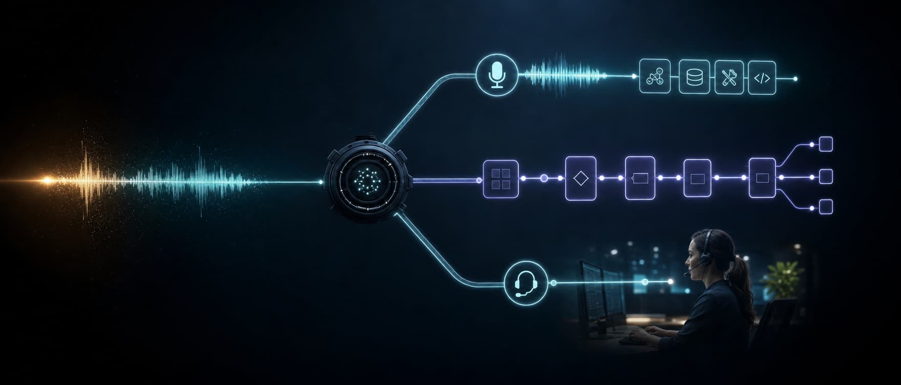 An inbound call routes to AI automation, programmable logic, or a human contact center