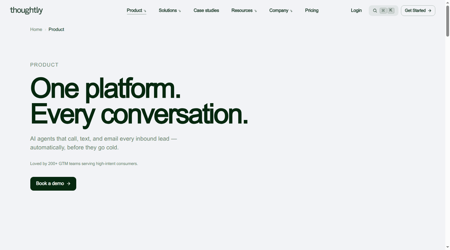 Thoughtly product page for voice, text, and email lead workflows