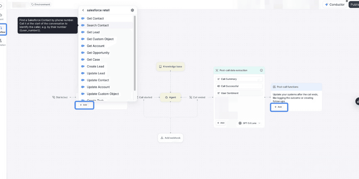 Retell Agent Workflow showing pre-call, agent, and post-call function stages.