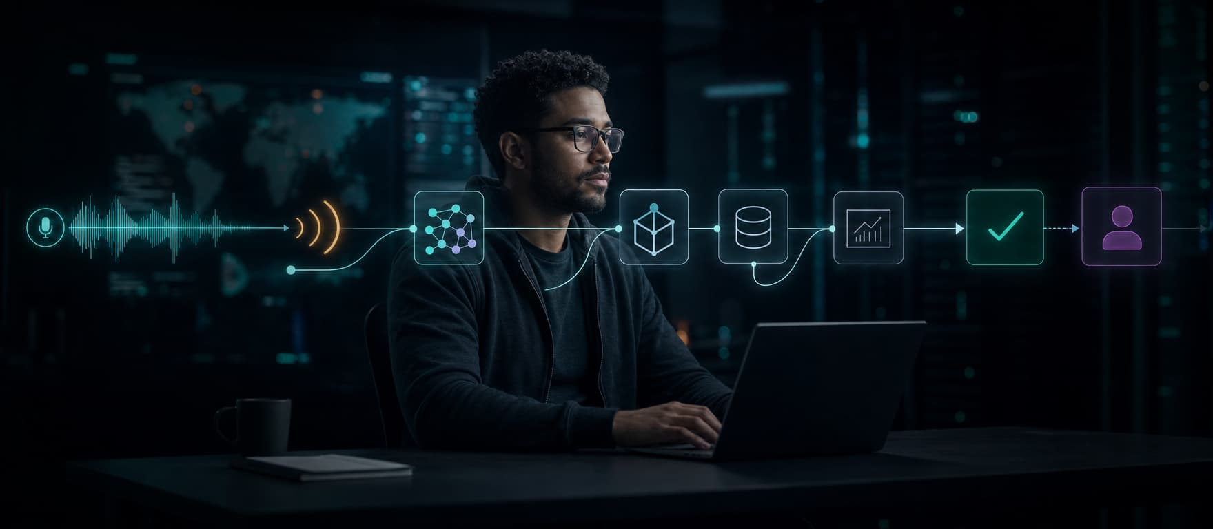 Engineer monitoring a live agent workflow from voice input through tools, validation, and human handoff.