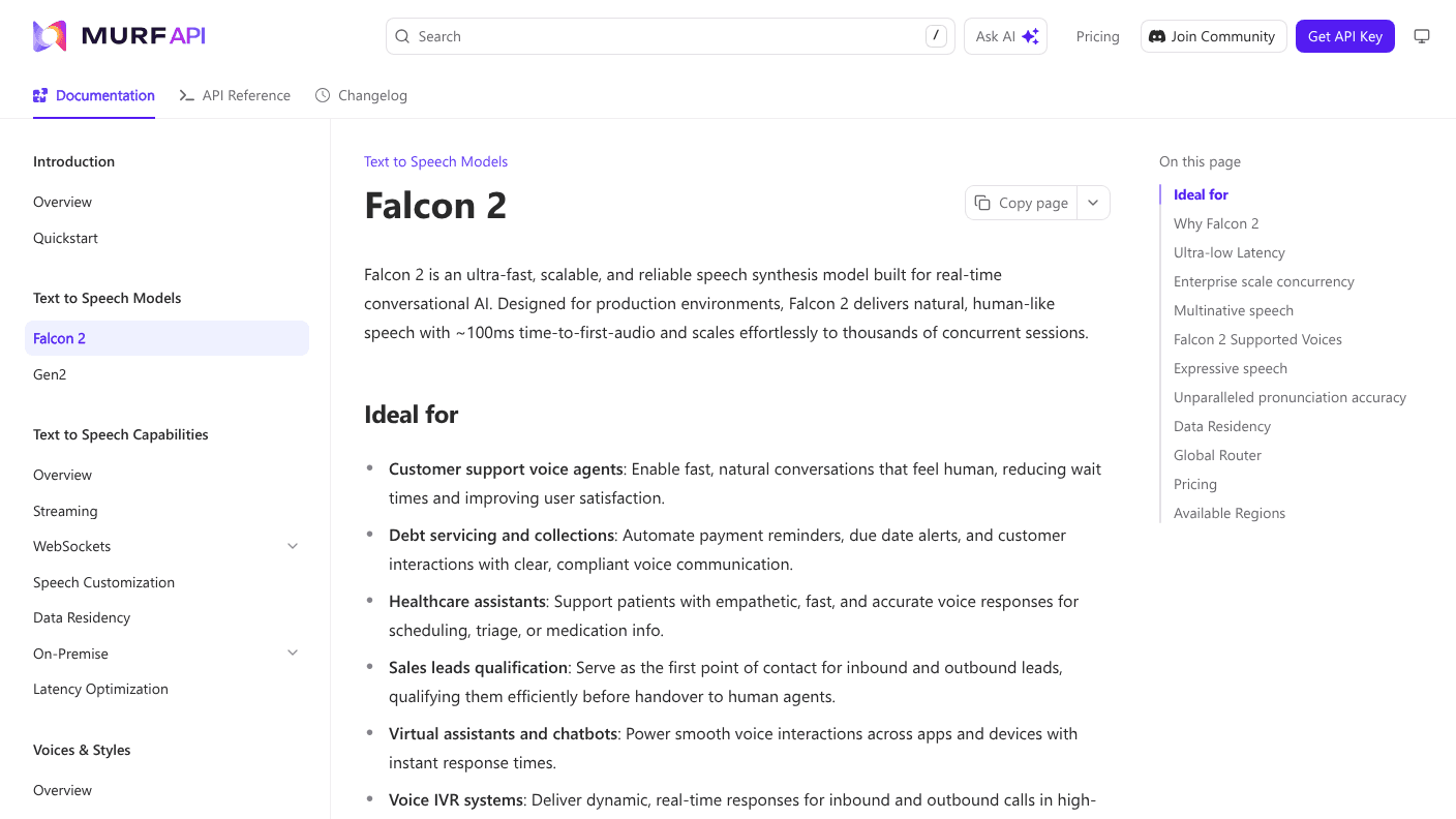 Murf Falcon 2 streaming text-to-speech documentation