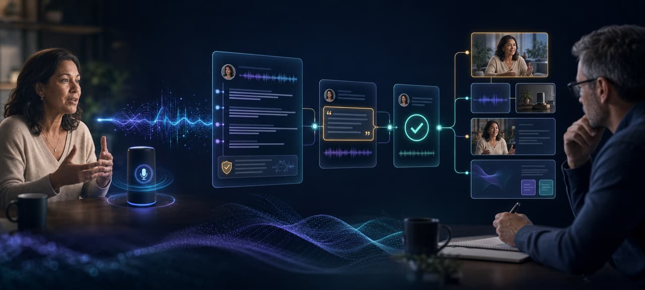 Source-grounded AI testimonial collection with customer approval