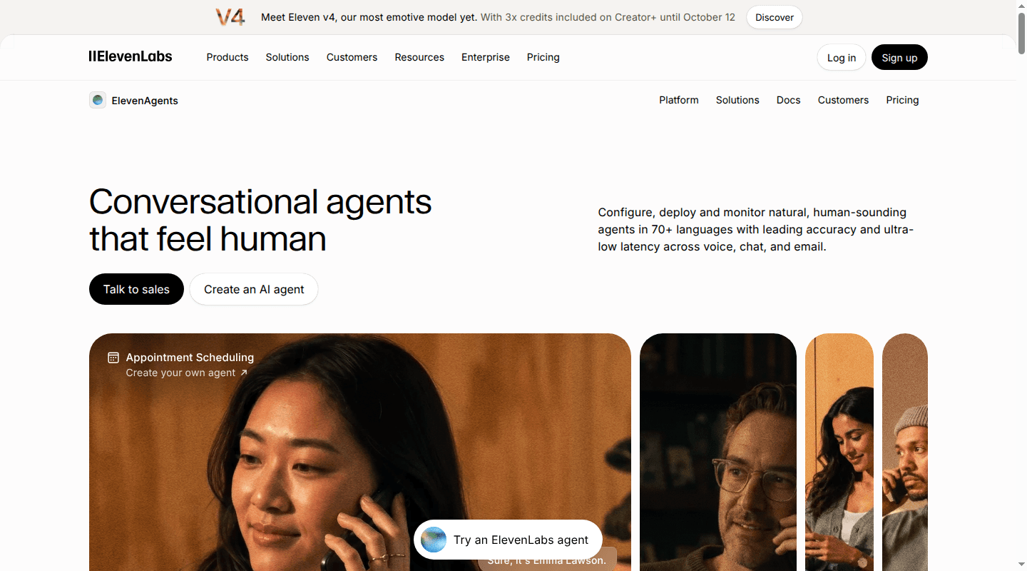 ElevenLabs Agents product page for conversational agents