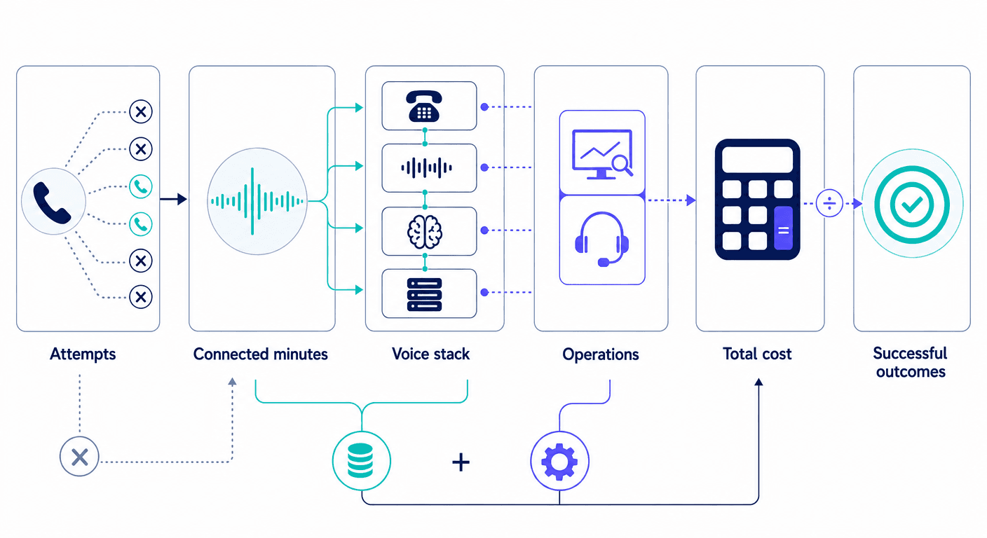 AI voice agent cost model from attempts through connected minutes, voice stack, operations, total cost, and successful outcomes