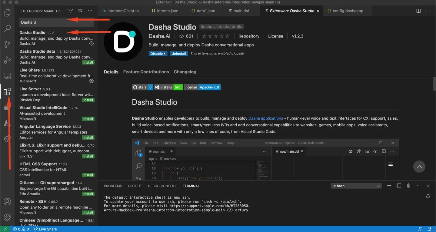 Install Dasha Studio extension in Visual Studio Code