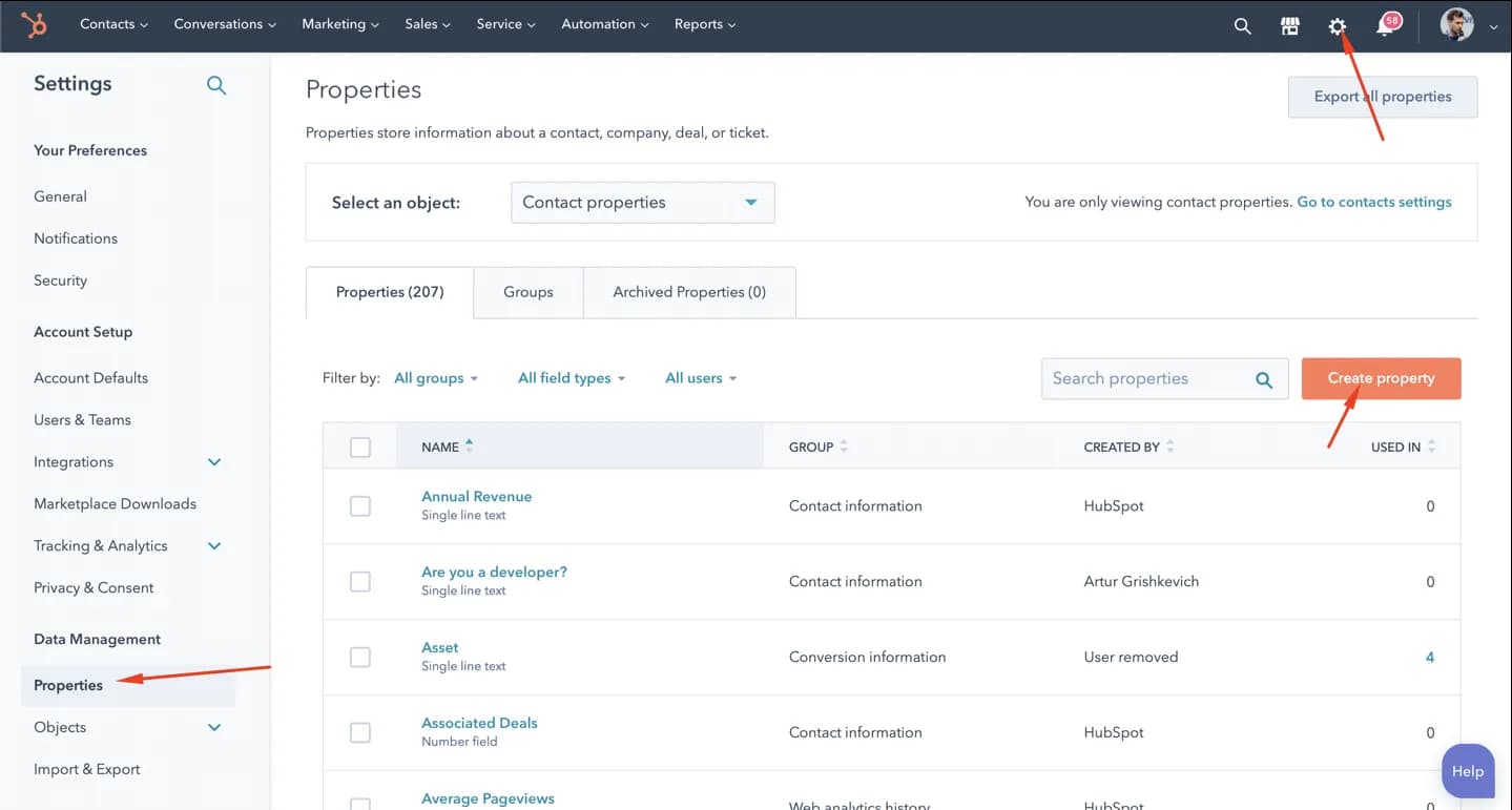 Settings > Properties > Create Property in Hubspot