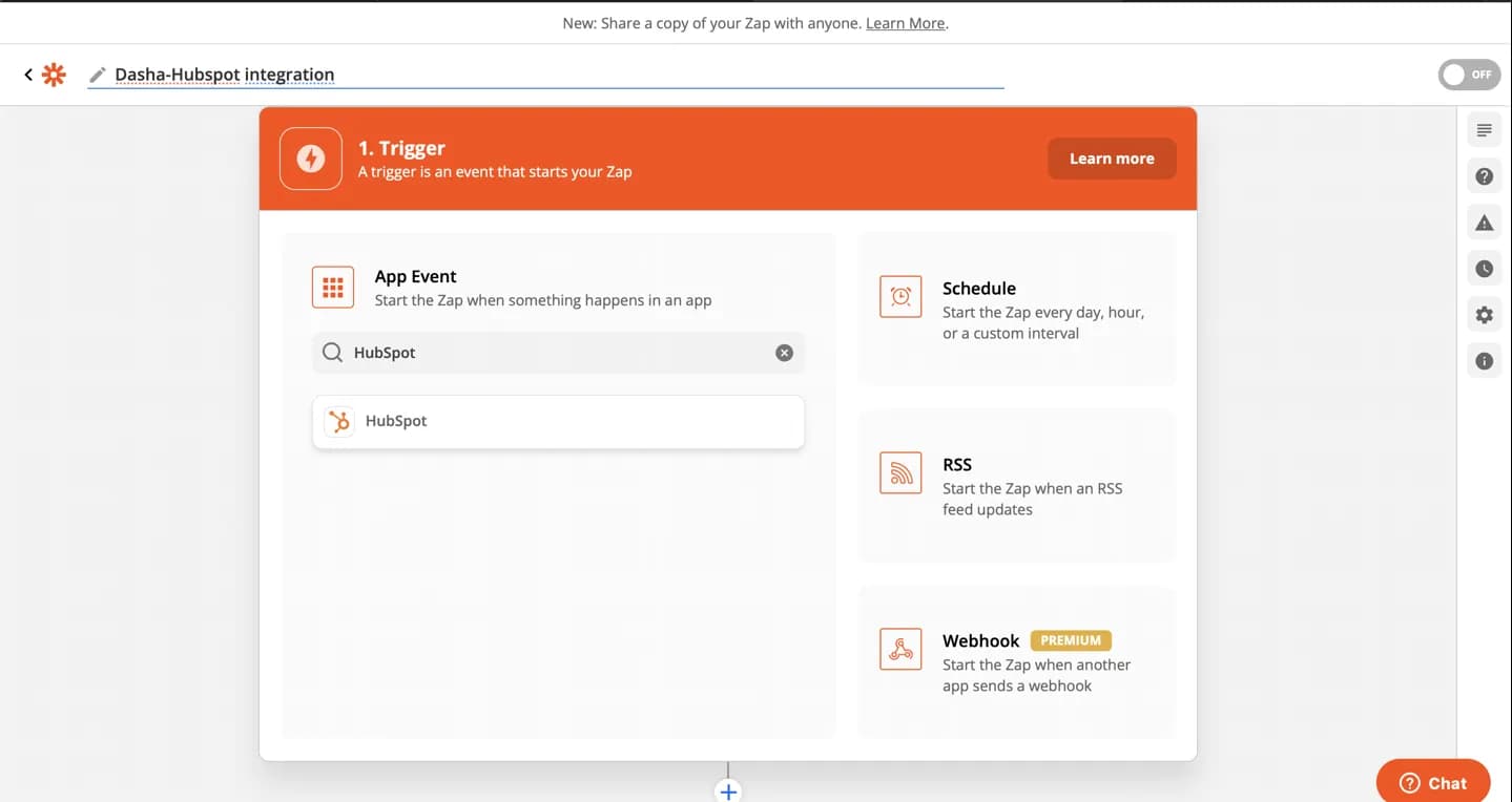 Add Hubspot as starter event to your Zapier Zap