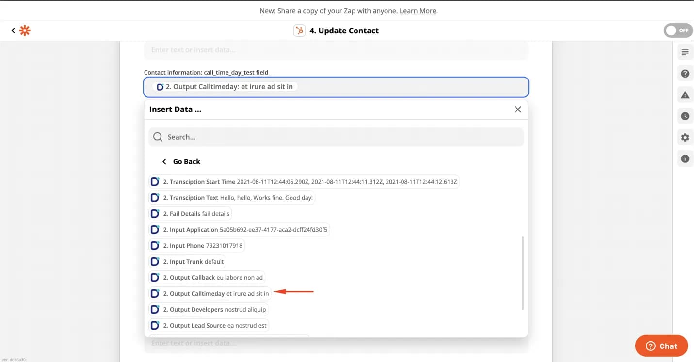 Select proper Dasha output data to be written to Hubspot