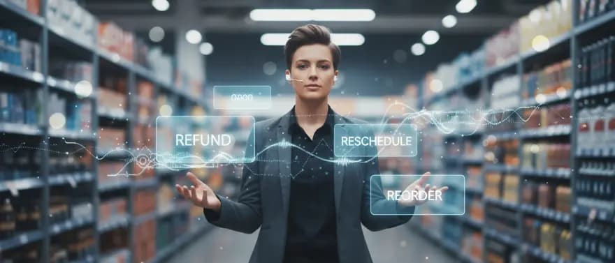 Retail associate wearing a headset in a softly lit store aisle, with translucent voice waveforms and UI tiles for refund, reschedule, and reorder floating around, illustrating retail AI assistance.